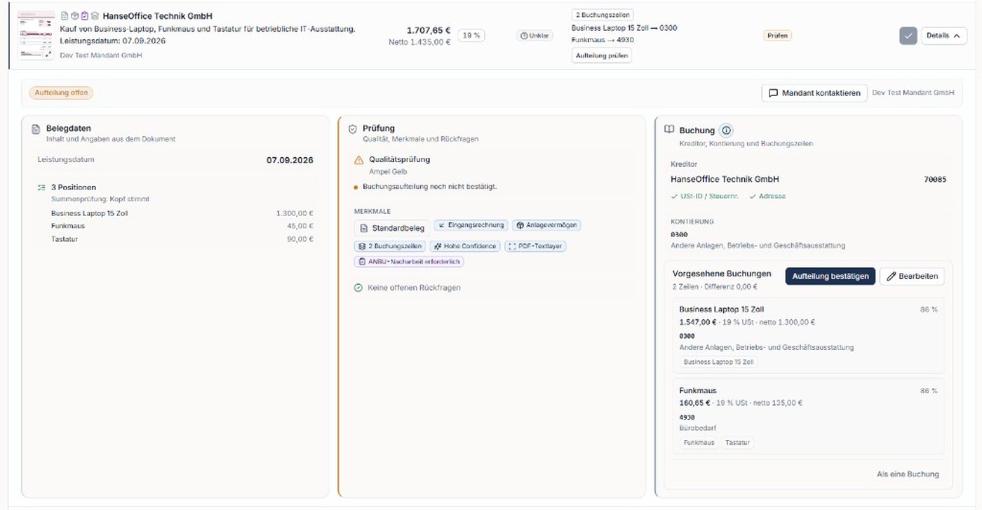 Prüfansicht in Kanzlei Hub mit Belegdaten, Qualitätsprüfung und vorgesehenen Buchungen inklusive Kontierung.