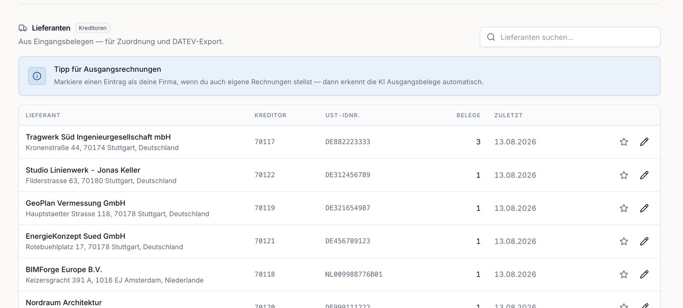 Lieferantenliste in Kanzlei Hub mit Kreditorennummern, Umsatzsteuer-Identifikationsnummern und Belegzahl je Lieferant.