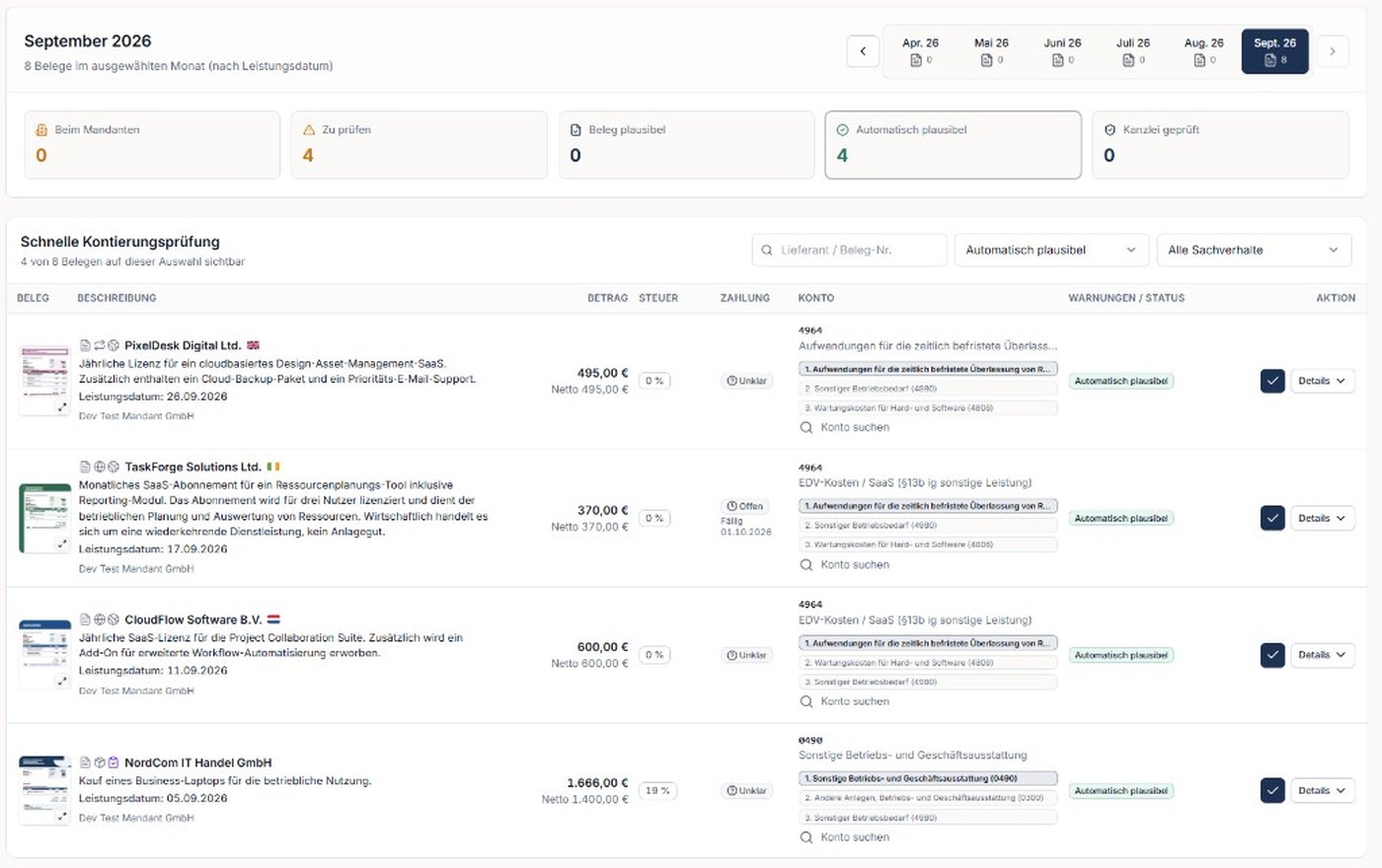 Schnelle Kontierungsprüfung in Kanzlei Hub mit Belegvorschau, Konto-Vorschlag und Status je Position.