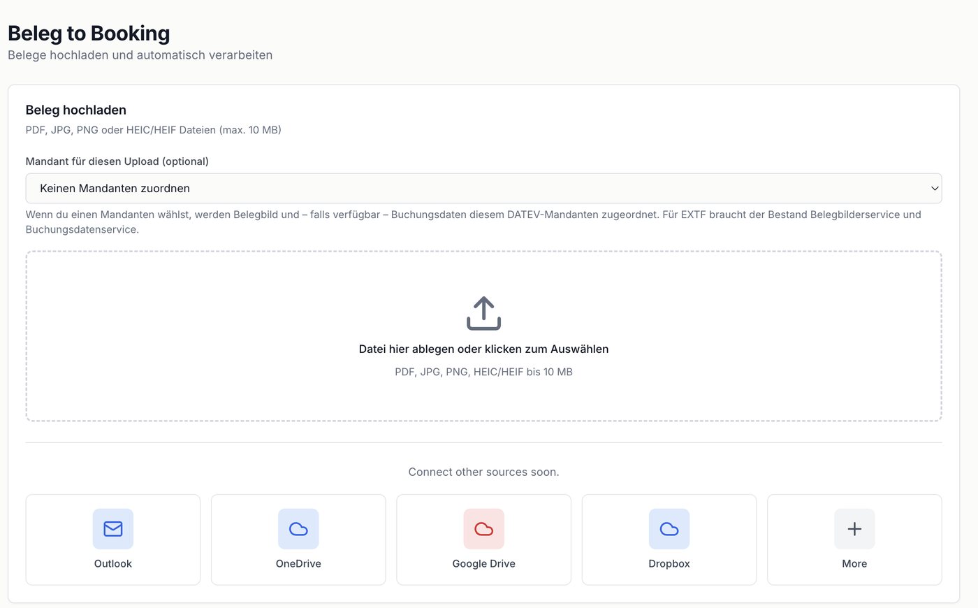 Bildschirm zum Hochladen von Belegen in Kanzlei Hub mit Auswahl des Mandanten und Feld für PDF, JPG, PNG und HEIC.