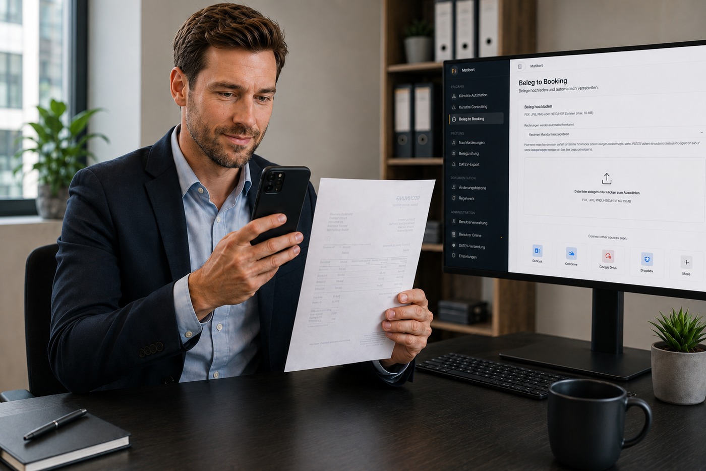 Person fotografiert eine Rechnung mit dem Smartphone, im Hintergrund die Upload-Ansicht von Kanzlei Hub auf einem Monitor.